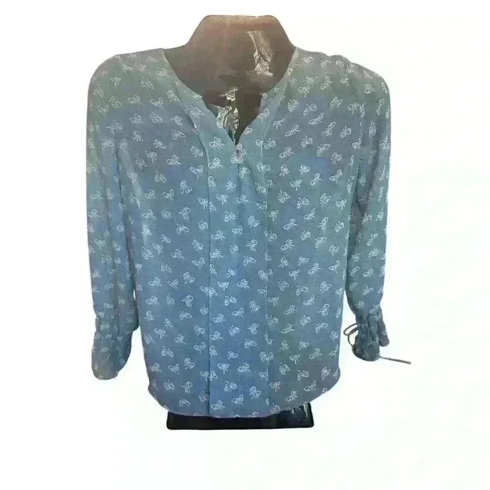 Umgee Women's Top Blue with Bows V neck Raunch Tie Sleeve Cuffs Sheer Size Med